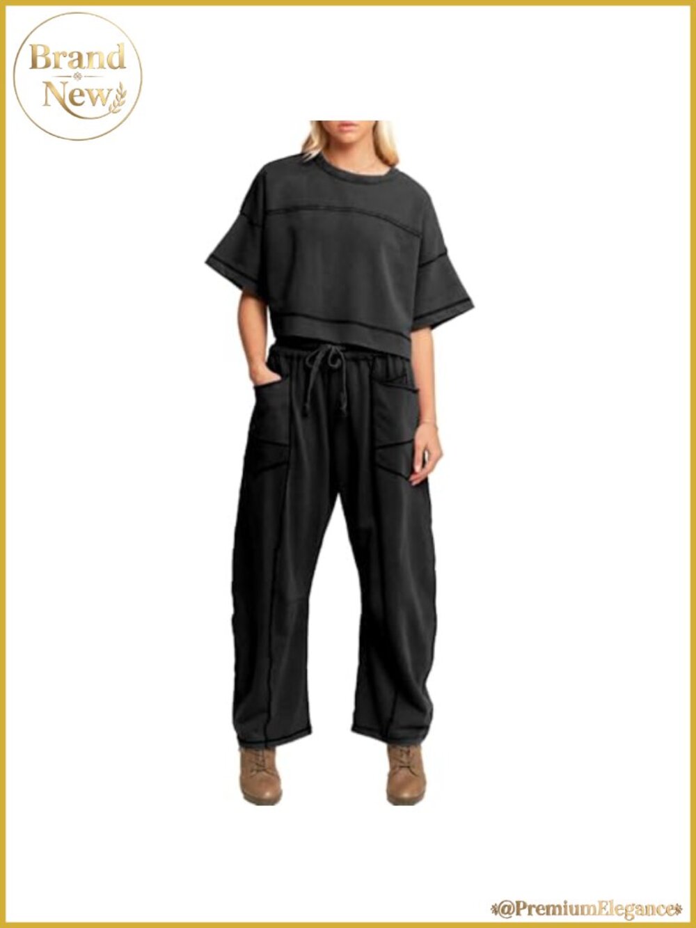 Womens 2 Piece Cotton Blend Sweatsuit Set Cropped Tee Wide Leg Pants